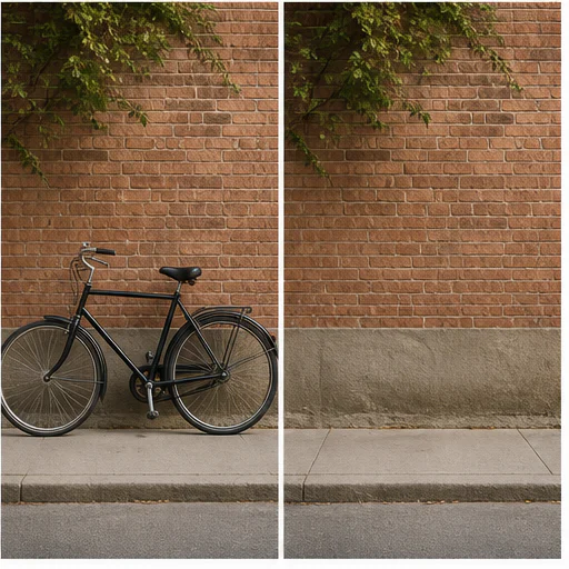 Parked bicycle, shown before and after a selected distraction is removed