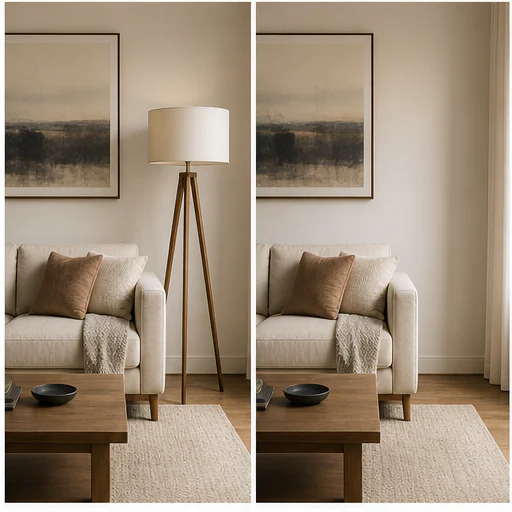 Floor lamp, shown before and after a selected distraction is removed