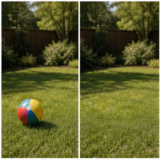 Sports ball, shown before and after a selected distraction is removed