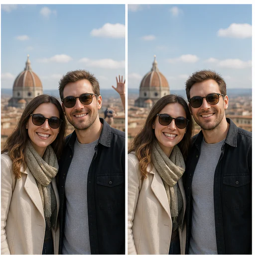 Background passerby, shown before and after a selected distraction is removed