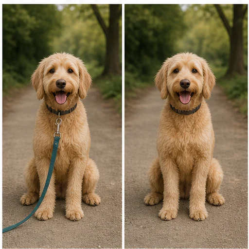Dog leash, shown before and after a selected distraction is removed