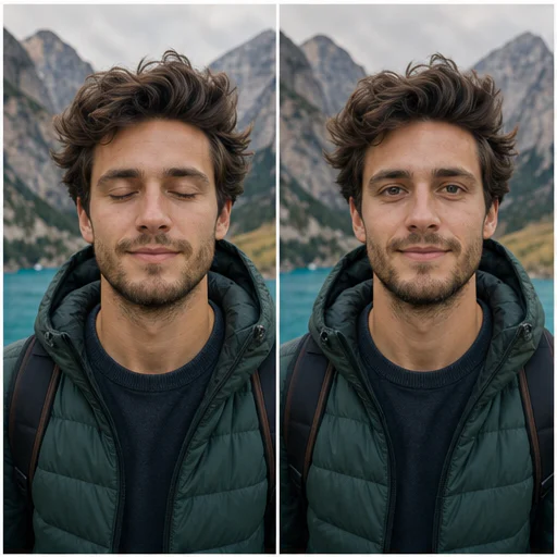 Retrato de viaje al aire libre, mostrado con un parpadeo accidental y ojos abiertos de forma natural