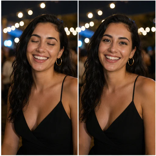 Retrato de fiesta nocturna, mostrado con un parpadeo accidental y ojos abiertos de forma natural