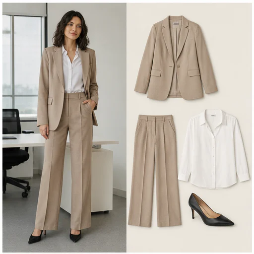 Relaxed neutral streetwear, shown as a complete synthetic model photo beside the extracted outfit pieces