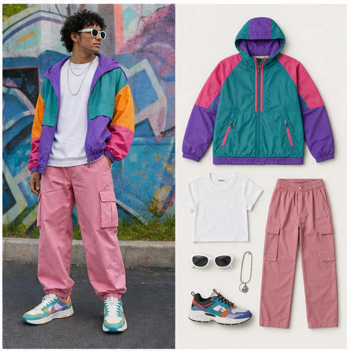 Layered city tailoring, shown as a complete synthetic model photo beside the extracted outfit pieces