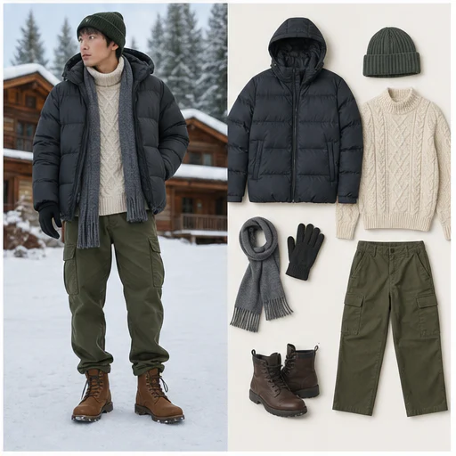 Soft weekend knitwear, shown as a complete synthetic model photo beside the extracted outfit pieces