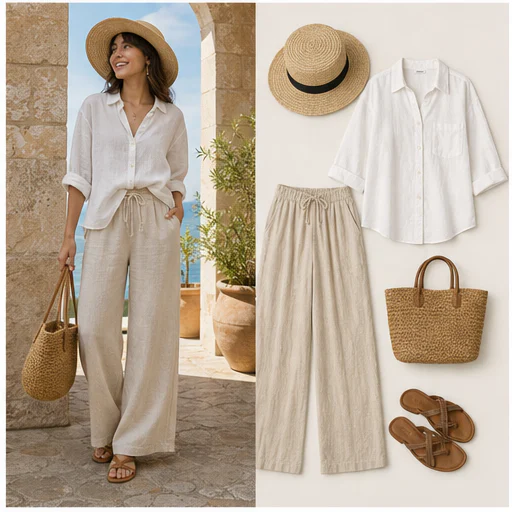 Monochrome evening look, shown as a complete synthetic model photo beside the extracted outfit pieces