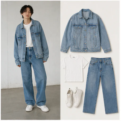 Lightweight travel layers, shown as a complete synthetic model photo beside the extracted outfit pieces