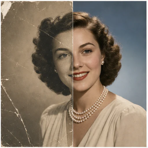 Retrato de estudio de los años 40, mostrado como una foto de archivo ficticia dañada junto a su restauración fiel