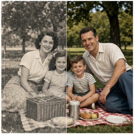 Paseo familiar de los años 50, mostrado como una foto de archivo ficticia dañada junto a su restauración fiel