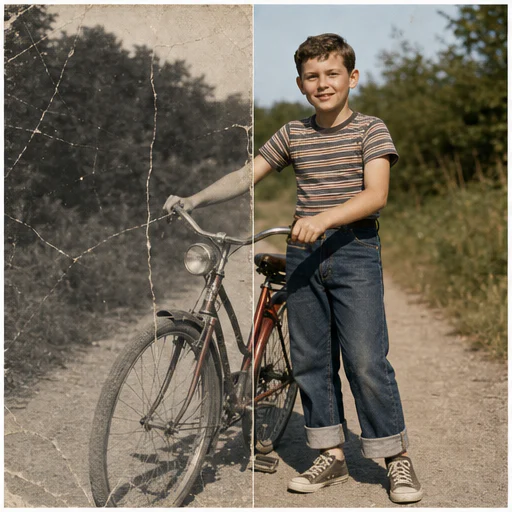 Niño con bicicleta de los años 60, mostrado como una foto de archivo ficticia dañada junto a su restauración fiel
