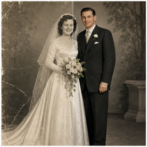 Retrato de boda de los años 30, mostrado como una foto de archivo ficticia dañada junto a su restauración fiel
