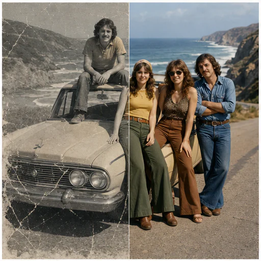 Viaje por la costa de los años 70, mostrado como una foto de archivo ficticia dañada junto a su restauración fiel