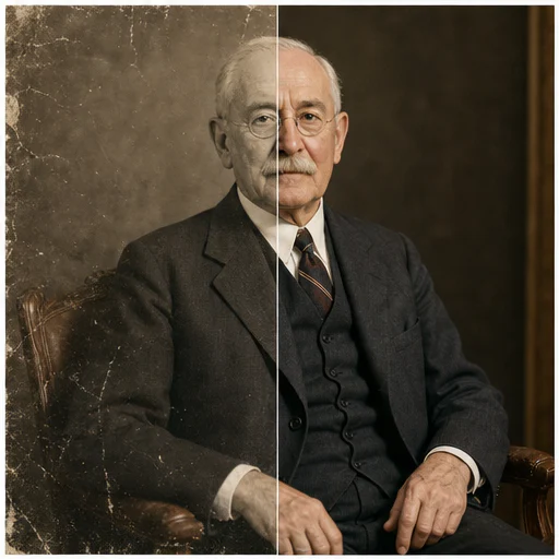 Retrato formal de una persona mayor, mostrado como una foto de archivo ficticia dañada junto a su restauración fiel