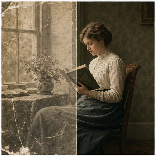 Lector de la década de 1910 junto a una ventana, mostrado como una foto de archivo ficticia dañada junto a su restauración fiel