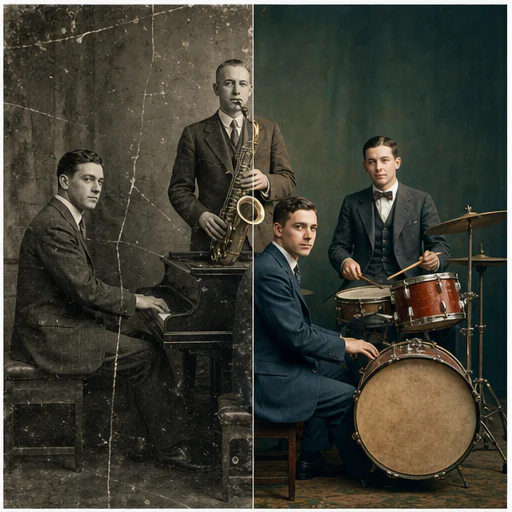 Trío de jazz de los años 20, mostrado como una foto de archivo ficticia dañada junto a su restauración fiel