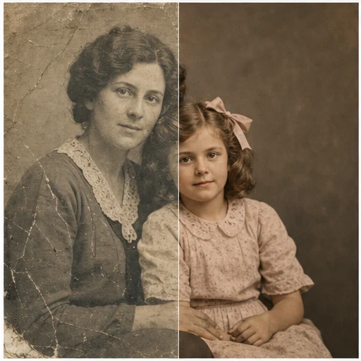 Madre e hija de los años 40, mostradas como una foto de archivo ficticia dañada junto a su restauración fiel