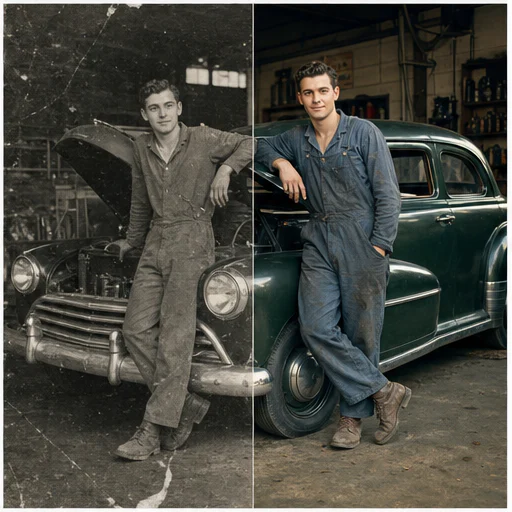 Mecánico automotriz de los años 50, mostrado como una foto de archivo ficticia dañada junto a su restauración fiel