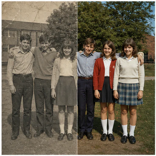 Amigos del colegio de los años 60, mostrados como una foto de archivo ficticia dañada junto a su restauración fiel