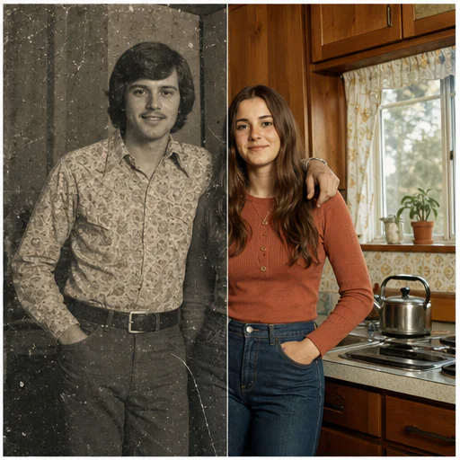 Retrato en casa de los años 70, mostrado como una foto de archivo ficticia dañada junto a su restauración fiel