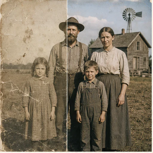 Retrato temprano de familia en la granja, mostrado como una foto de archivo ficticia dañada junto a su restauración fiel