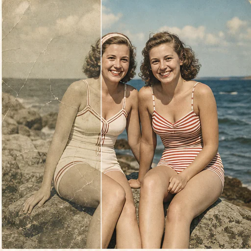 Hermanas junto al mar, mostradas como una foto de archivo ficticia dañada junto a su restauración fiel