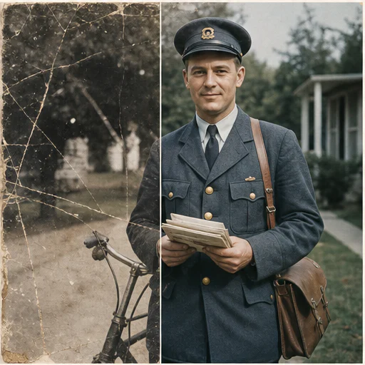 Empleado postal uniformado, mostrado como una foto ficticia de archivo dañada junto a su restauración fiel