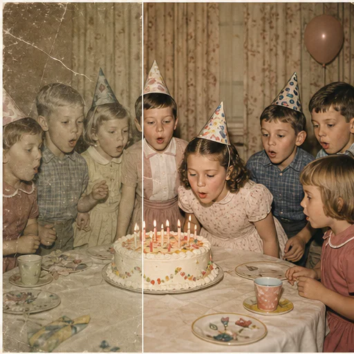 Reunión de cumpleaños vintage, mostrada como una foto de archivo ficticia y dañada junto a su restauración fiel
