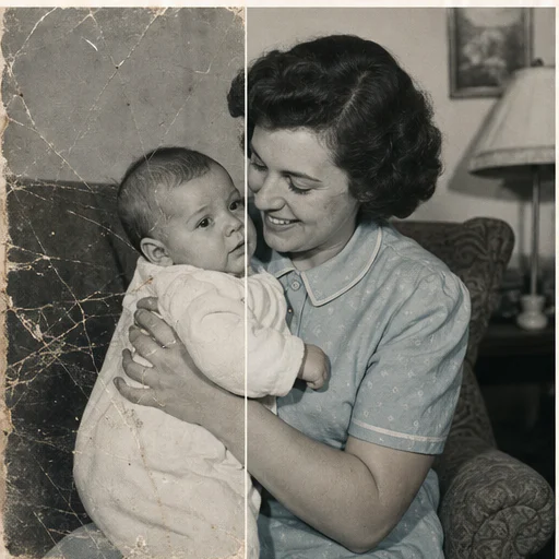 Retrato de madre y bebé, mostrado como una foto de archivo ficticia dañada junto a su restauración fiel