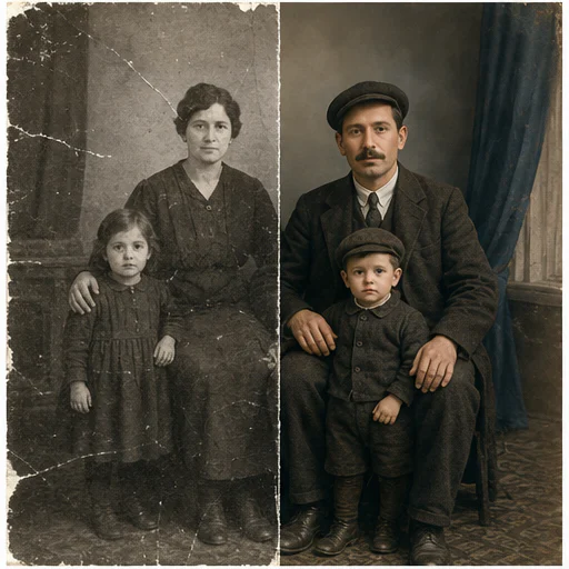 Retrato familiar de estudio de los años 20, mostrado como una foto de archivo ficticia dañada junto a su restauración fiel