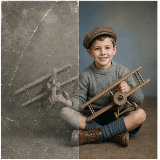 Niño con avión de juguete, mostrado como una foto de archivo ficticia dañada junto a su restauración fiel