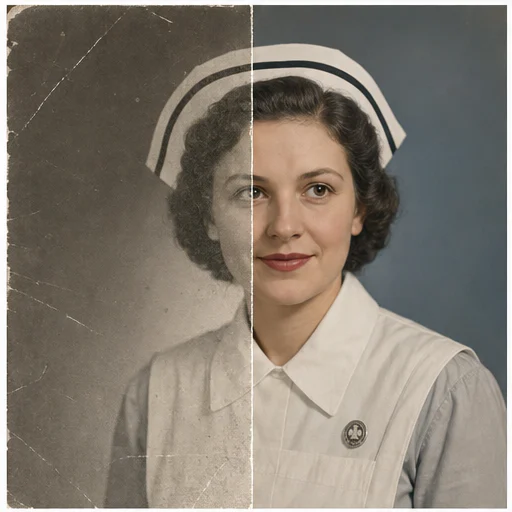 Retrato de enfermera de los años 40, mostrado como una foto de archivo ficticia dañada junto a su restauración fiel