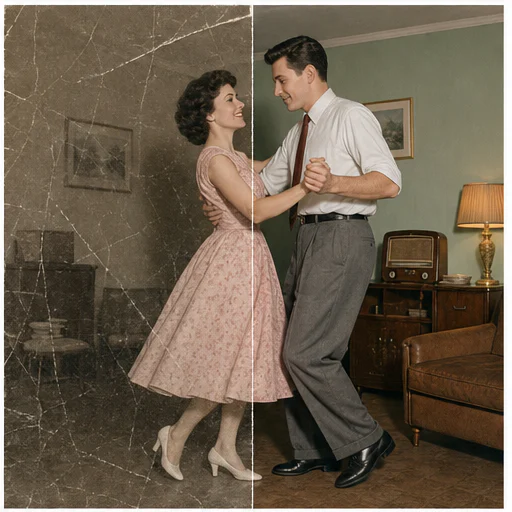 Pareja bailando de los años 50, mostrada como una foto de archivo ficticia dañada junto a su restauración fiel
