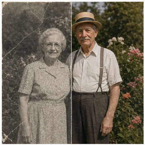Abuelos en un jardín, mostrados como una foto de archivo ficticia dañada junto a su restauración fiel