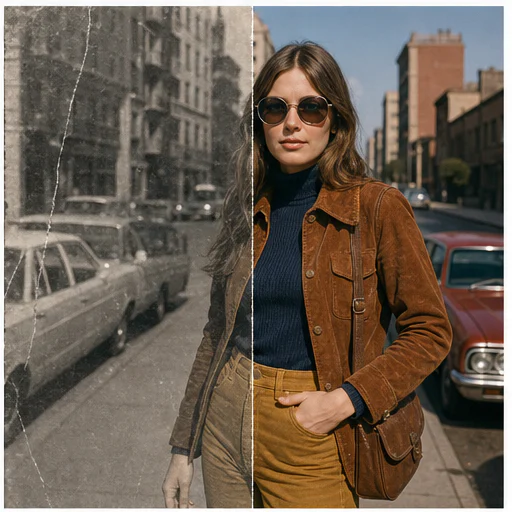 Retrato urbano de los años 70, mostrado como una foto de archivo ficticia dañada junto a su restauración fiel
