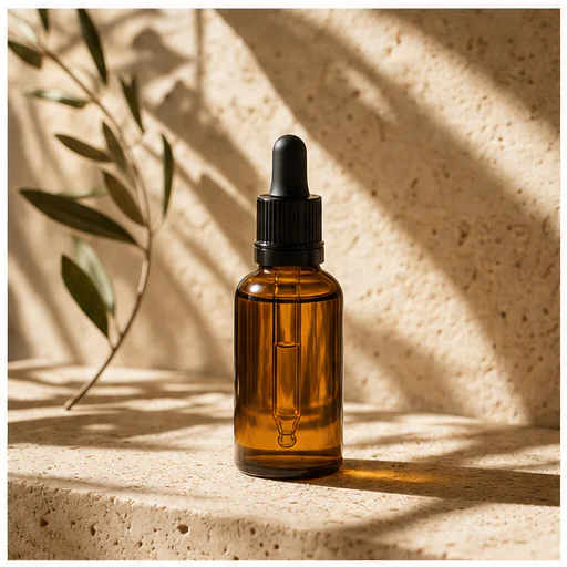 Amber skincare dropper, shown as a complete unbranded commercial product photograph