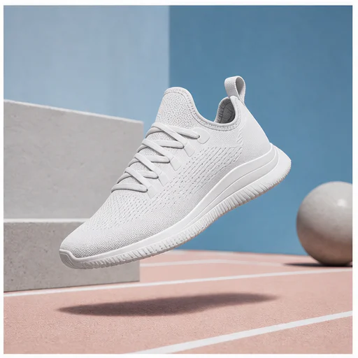 Floating white sneaker, shown as a complete unbranded commercial product photograph