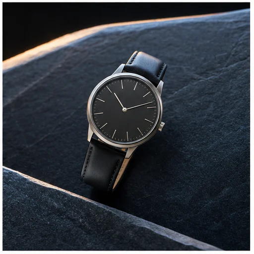 Minimal black wristwatch, shown as a complete unbranded commercial product photograph