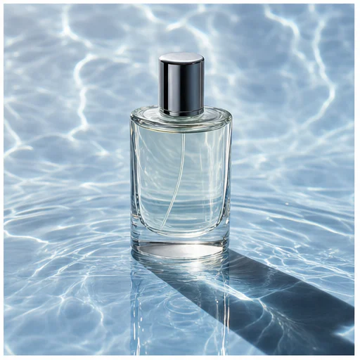Clear fragrance bottle, shown as a complete unbranded commercial product photograph