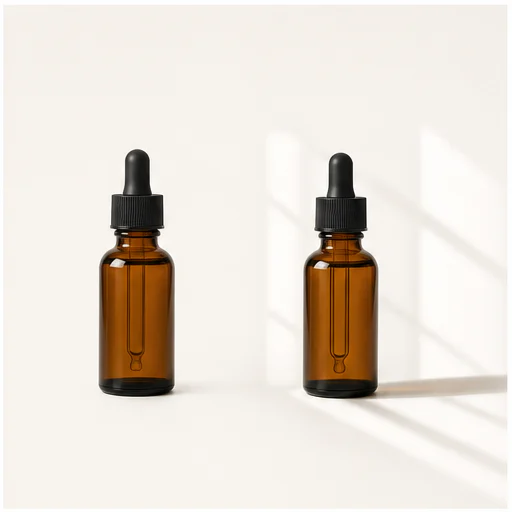 Amber dropper bottle, shown without a shadow and with a generated product shadow