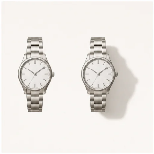 Silver wristwatch, shown without a shadow and with a generated product shadow