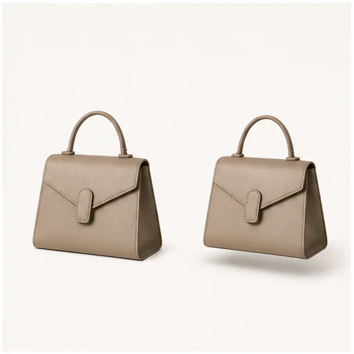 Structured taupe handbag, shown without a shadow and with a generated product shadow