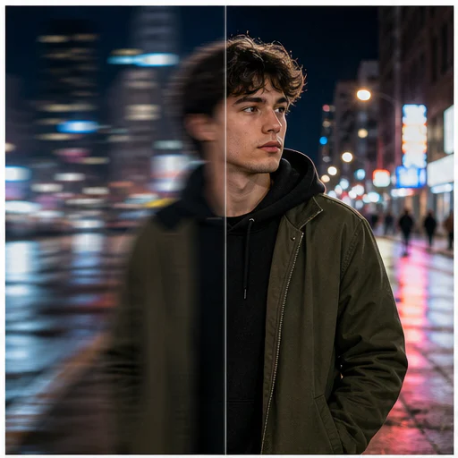 Night street portrait, shown with realistic blur on the left and restored detail on the right