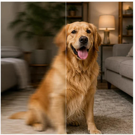 Golden retriever indoors, shown with realistic blur on the left and restored detail on the right