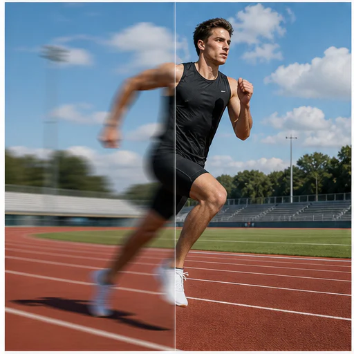 Runner in motion, shown with realistic blur on the left and restored detail on the right