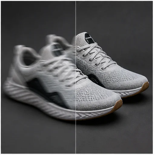 Technical sneaker, shown with realistic blur on the left and restored detail on the right