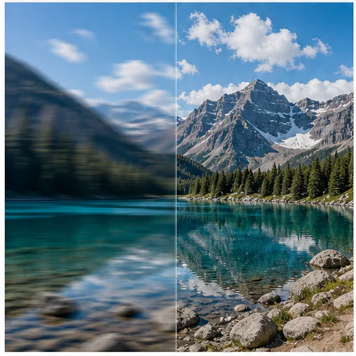 Mountain lake, shown with realistic blur on the left and restored detail on the right