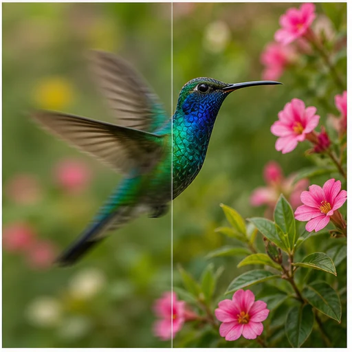 Hummingbird in flight, shown with realistic blur on the left and restored detail on the right