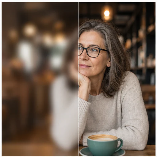 Café portrait, shown with realistic blur on the left and restored detail on the right