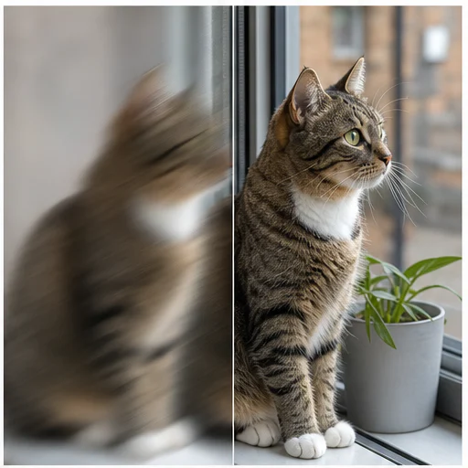 Cat at a window, shown with realistic blur on the left and restored detail on the right